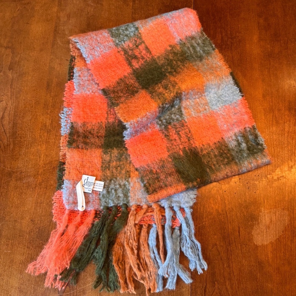 Donegal Design Scarf 11x80 Orange Plaid Wool Blend Irish Handcrafted Fringe